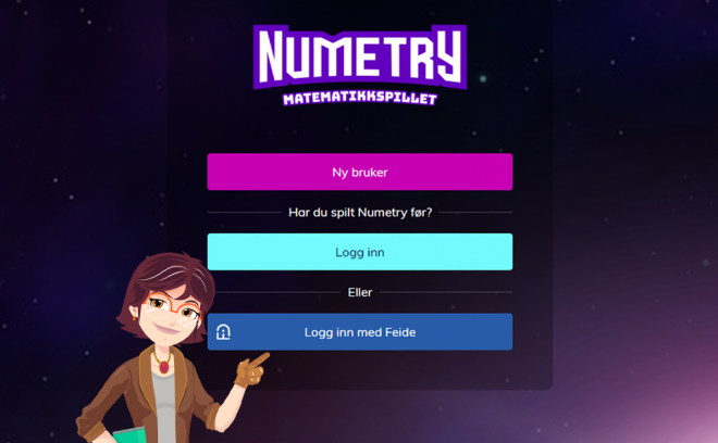 Skjermbilde av innloggingsskjermen til Numetry. En karakter fra spillet peker på knappen for Feide-innlogging