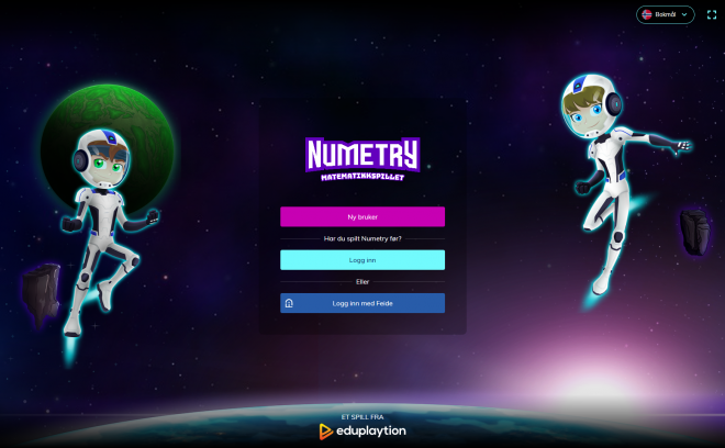 Innloggingsskjermen til Numetry av to karakterer som svever rundt i verdensrommet