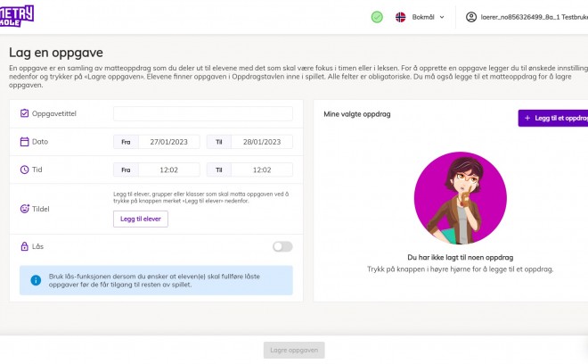 Skjermbilde fra Numetrys Lærerportal som viser Lag en oppgave-skjermen