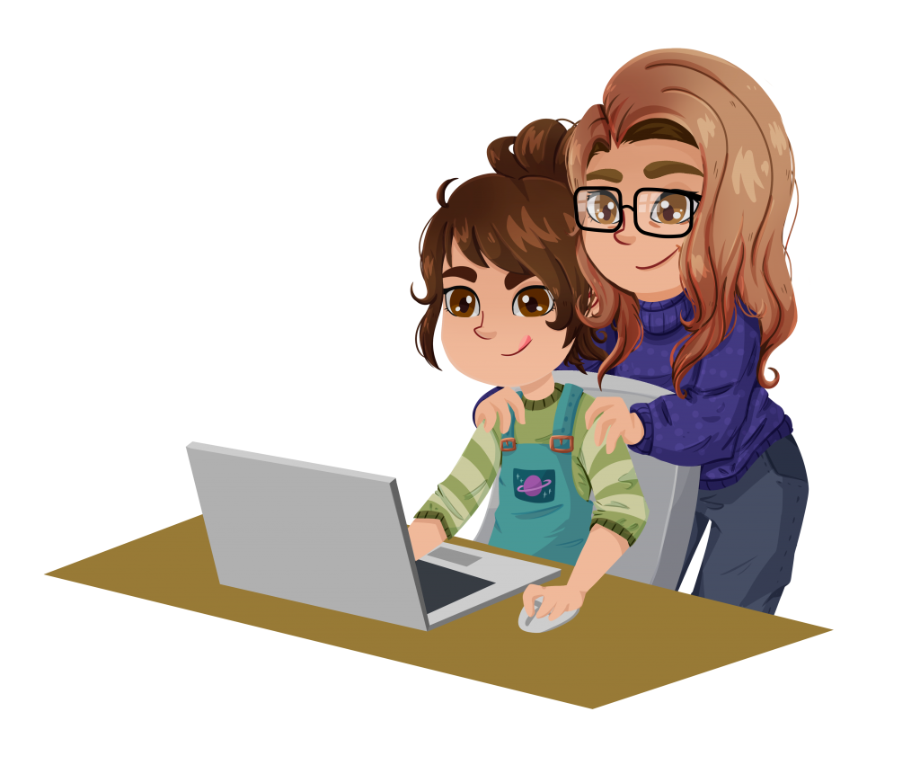 Illustrasjon av en mor og en datter. Datteren spiller på en PC mens moren følger med over skulderen