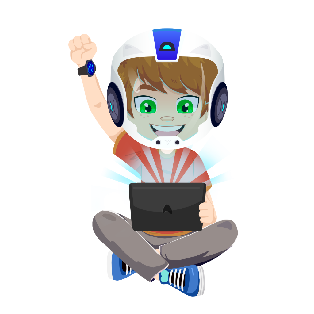Illustrasjon av en gutt med romdrakthjelm som spiller på et nettbrett. Han sitter med beina i kryss