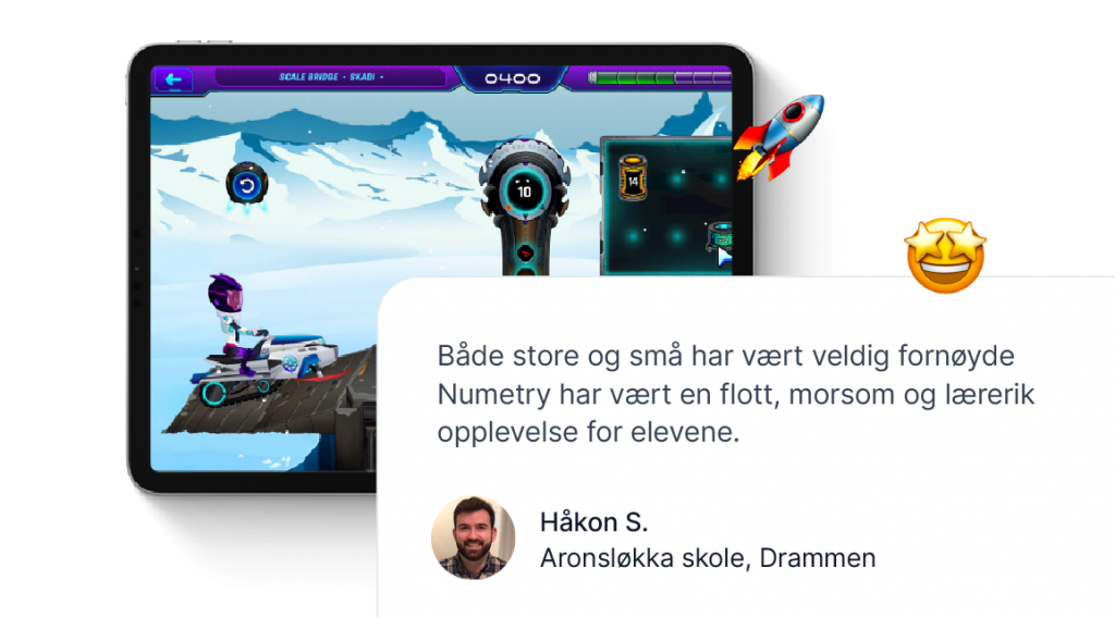 Bilde av en iPad som viser Matematikkspillet Numetry. Foran er en tekstboks hvor Håkon S. fra Aronsløkka skole i Drammen skriver "Både store og små har vært veldig fornøyde. Numetry har vært en flott, morsom og lærerik opplevelse for elevene".